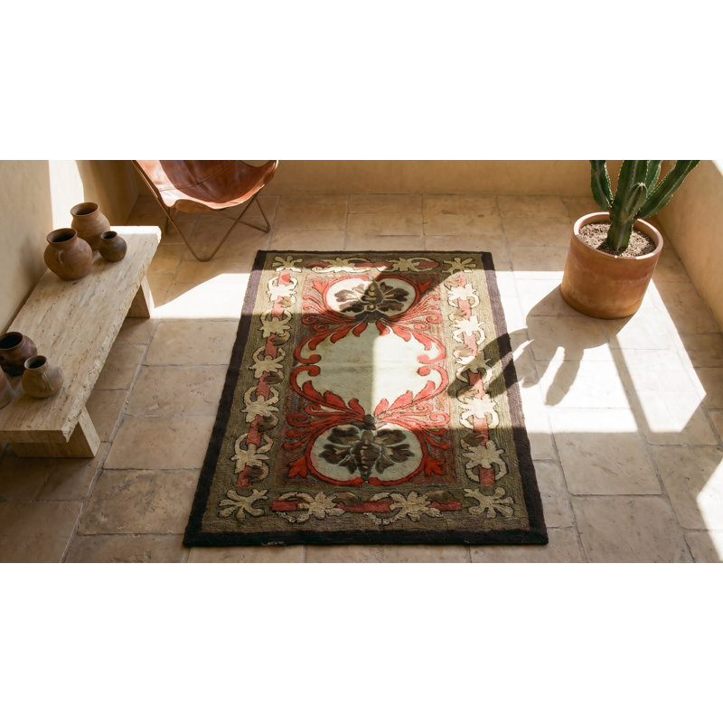 Rare Antique Artistic Art Nouveau Design American Hooked Folk Art Rug