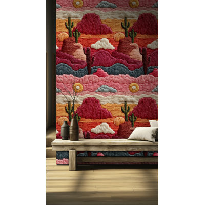 Desert Sunset Embroidery-Inspired Wallpaper – Peel and Stick Colorful Cactus Wall Décor