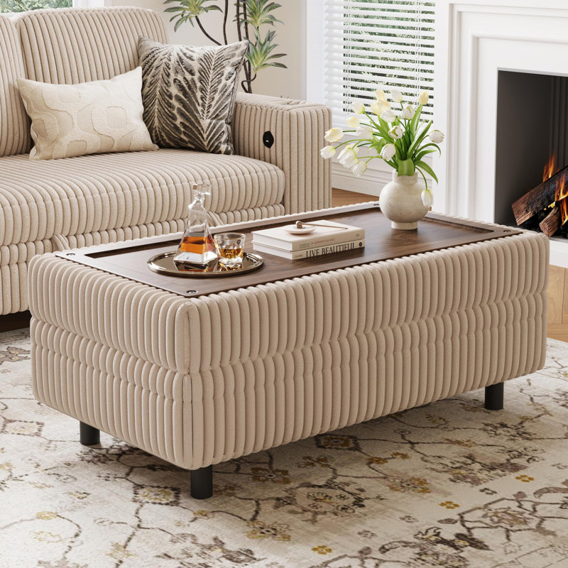 Sherry 40.55'' Upholstered Storage Ottoman with Tray, Effie Beige Corduroy