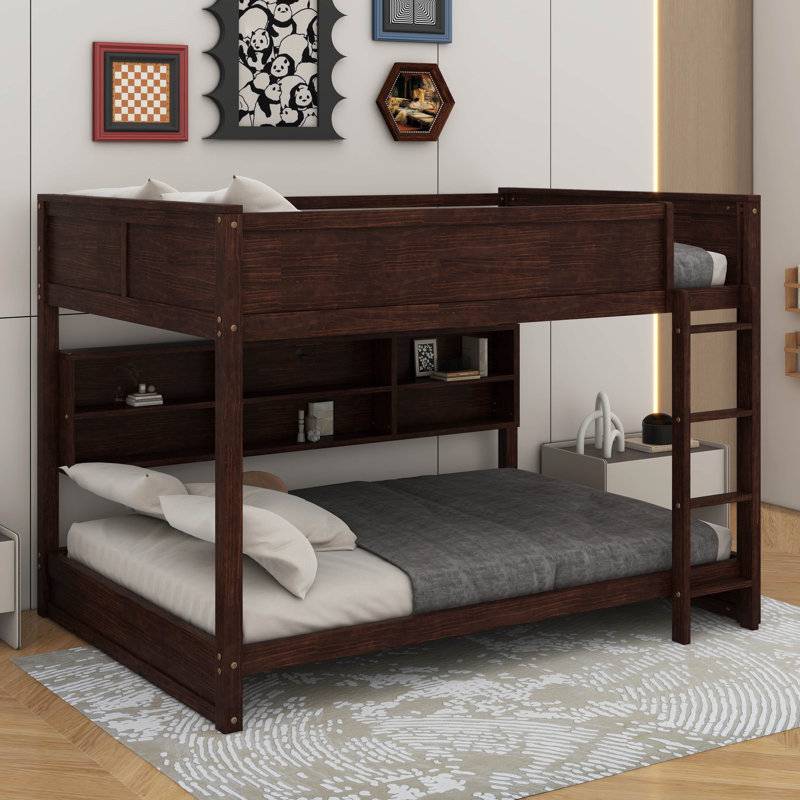 Queen Over Queen Bunk Bed With Storage Cabinets And Charging Station, Brown