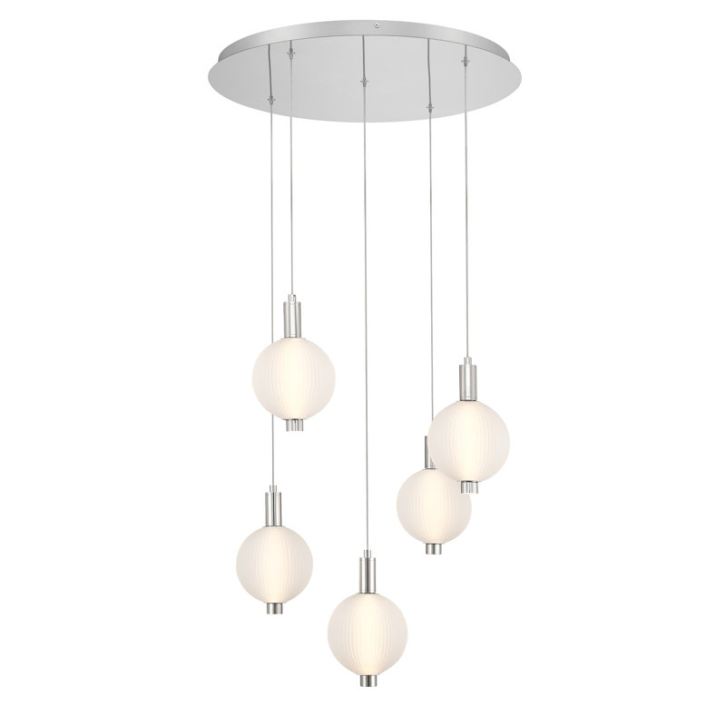 Lustre 5 lumières DEL Palmas, Nickel satiné, Blanc