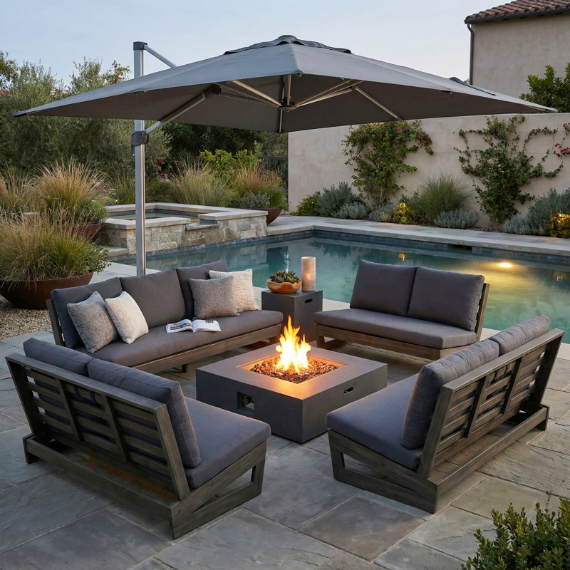 Louise Modern Coastal Acacia Wood Outdoor Conversation Set, Gray, Dark Gray