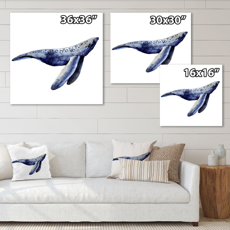 Baleine bleue sur fond blanc - peinture sur toile, H 30 po x l 30 po x P 1 po, Toile tendue