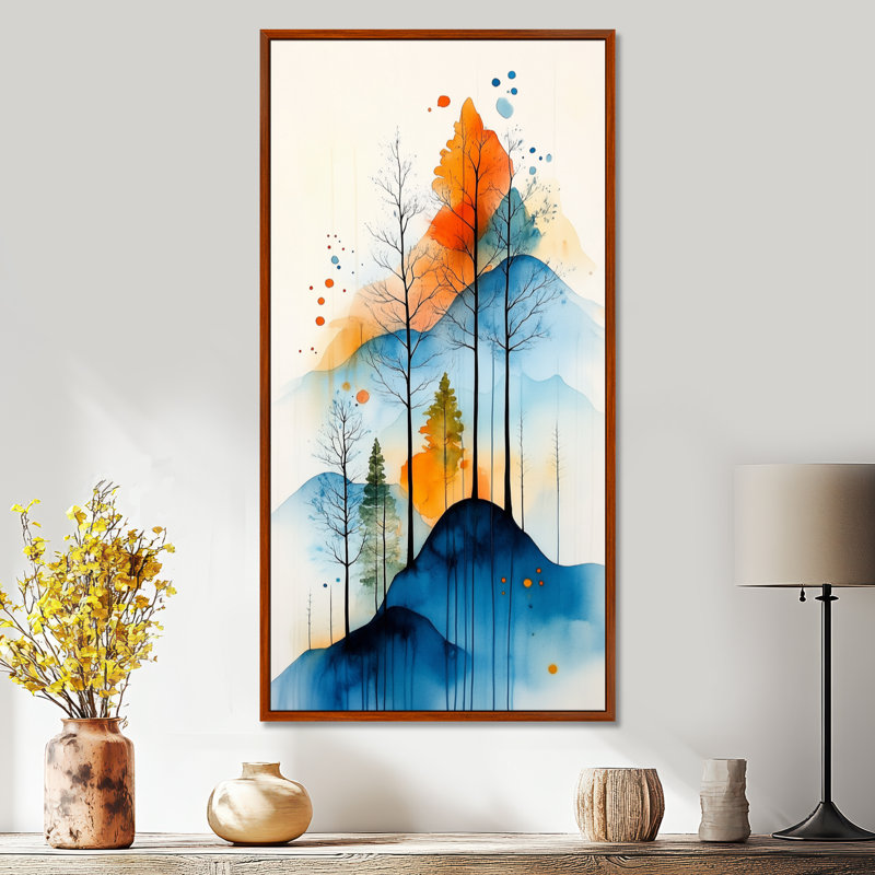 «Blue Orange Vibrant Mountain Trees I», reproduction d'art encadrée sur toile, H 32 po x l 16 po, Cadre flottant brun