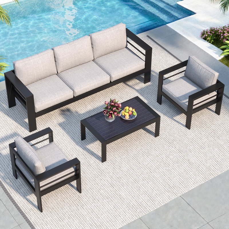 Brandtley 5-Person Metal Outdoor Seating Group With Cushions, Black/Light Gray