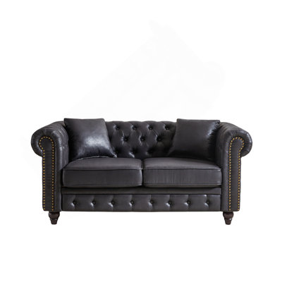 63.5" Contemporary Design Chesterfield Sofa, Tech Fabric Button Design Living Room Sectional, Button Tufted With Nail Design Arms With 2 Pillows, Upholstered Upholstery And Wooden Legs