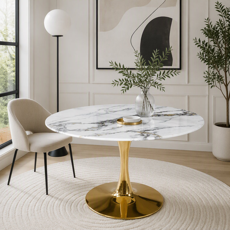 Table tulipe ronde 34,65 pouces avec plateau veiné en marbre, Or + blanc