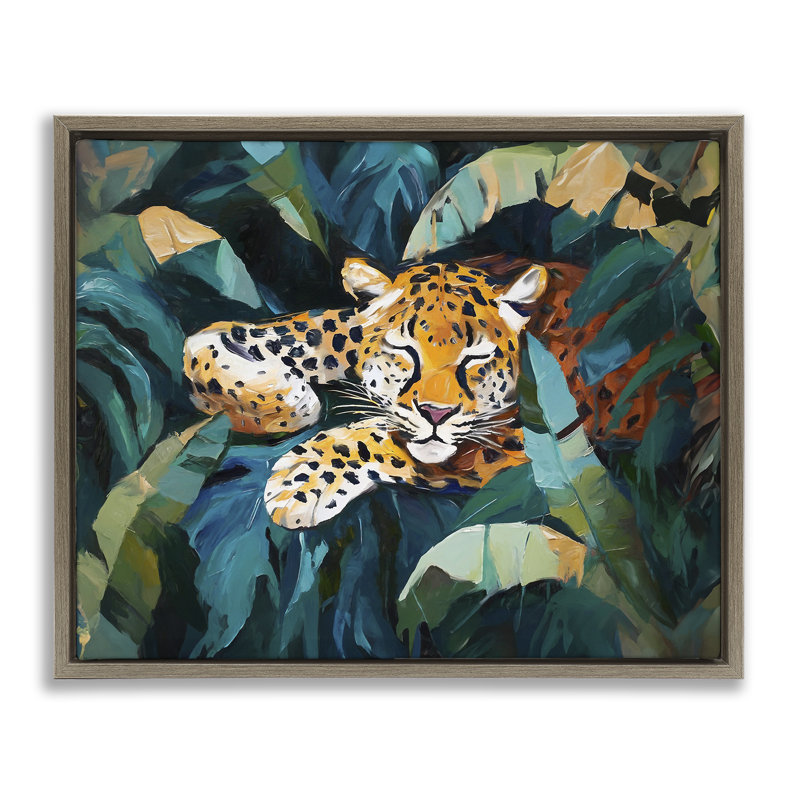 «Leopard Sleeping in Leaves», art mural sur toile par Ramona Murdock, Cadre flottant orme Montalcino, H 17 po x l 21 po