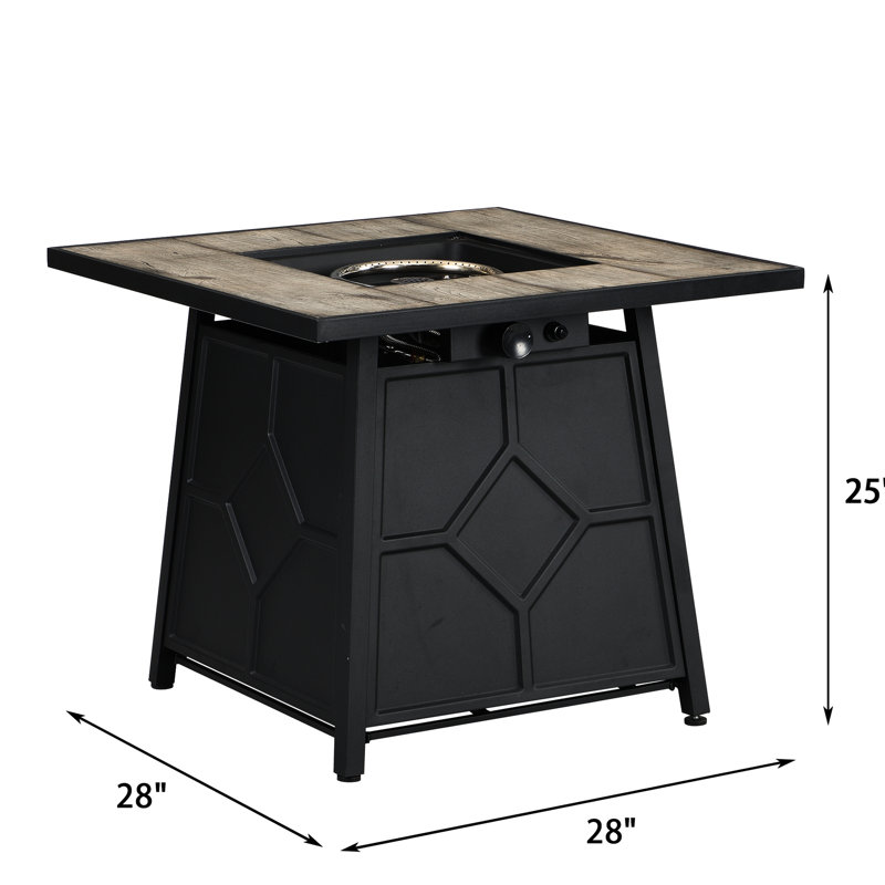 40,000 Auto - Ignition 28 Inch Square Propane Gas Fire Pit Table, Grey + Iron, , Unique Design, Outdoor Decor Strong Frame, Tile Desktop, Easy Assembly