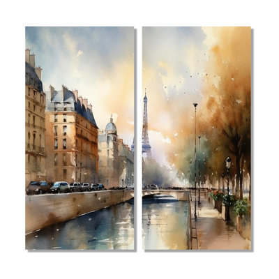 Magnifique paysage pastel de Paris - art mural traditionnel beige 2 panneaux