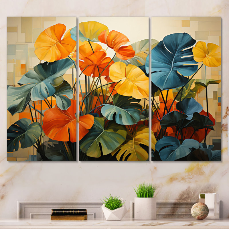 «Orange Green Tropical Plants II» sur toile, reproduction de 3 pièces, H 32 po x l 48 po x P 1 po