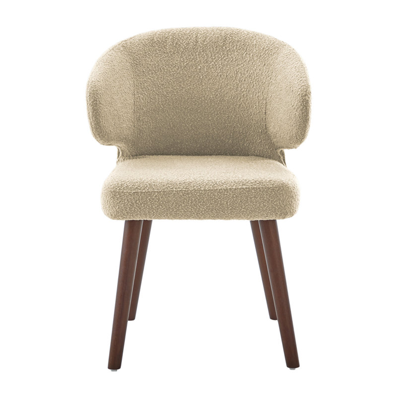 Modern Bouclé Upholstered Dining Chair with Curved Backrest and Solid Wood Legs, Khaki