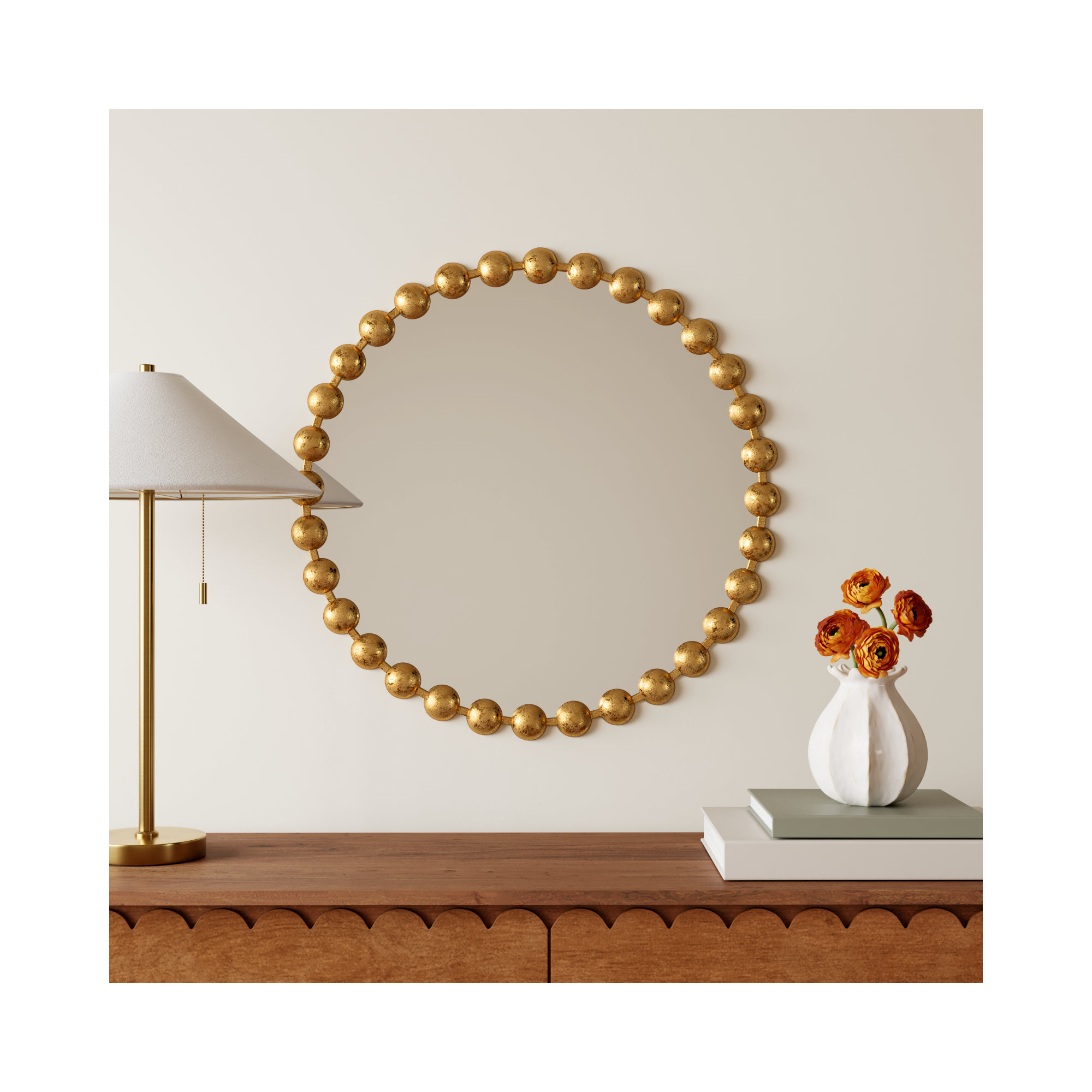 Marlowe Beaded Round Metal Wall Mirror, 27" x 27", Gold
