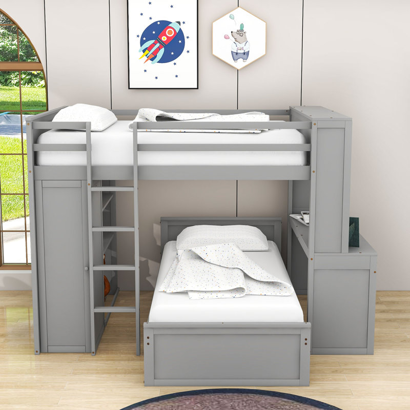 Lit superposé en bois 2 tiroirs avec tablettes, bureau et garde-robe Crone, Simple sur simple, gris
