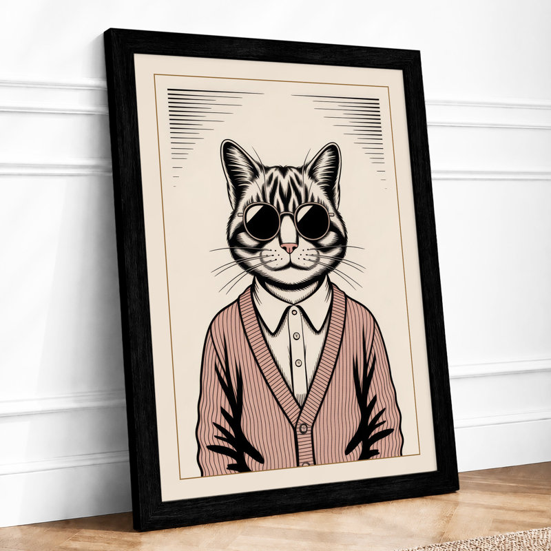 Cat in Cardigan Boho - Framed Print, A1 - 84.1 x 59.4 cm, Black