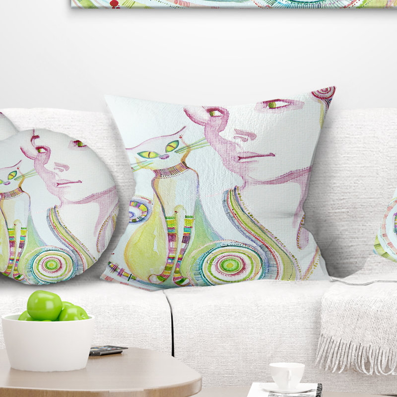 Jolie fille avec un chat - oreiller à imprimé portrait, 18 po x 18 po, Coussin décoratif