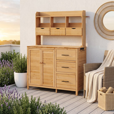 Banc de rempotage extérieur en bois de sapin massif avec poste de travail de jardin avec 6 tiroirs et crochets latéraux