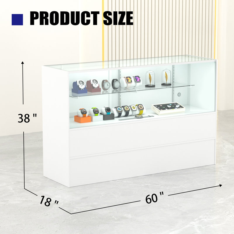 60" W X 18" D X 38" H - Glass Display Cabinet For Retail - Wood White Full Vision Display Showcase With Led Lights And Storage Space