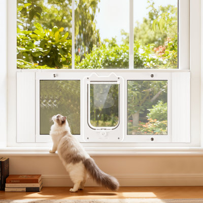 Cat Door for Window, Adjustable to Fit Window Width 35"-40", 4 Secure Lock Modes, Aluminum Frame and High-Transparency Glass, Magnetic Closure, Weatherproof Quick-Fit Pet Door for Cats, White