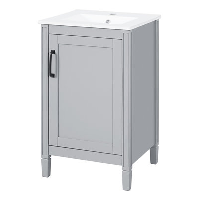 Meuble-lavabo gris de 20 po Viroqua, équipé d'un lavabo en céramique, d'une porte à fermeture en douceur, d'un support de rangement et de tablettes en U autoportantes grises pour l'organisation