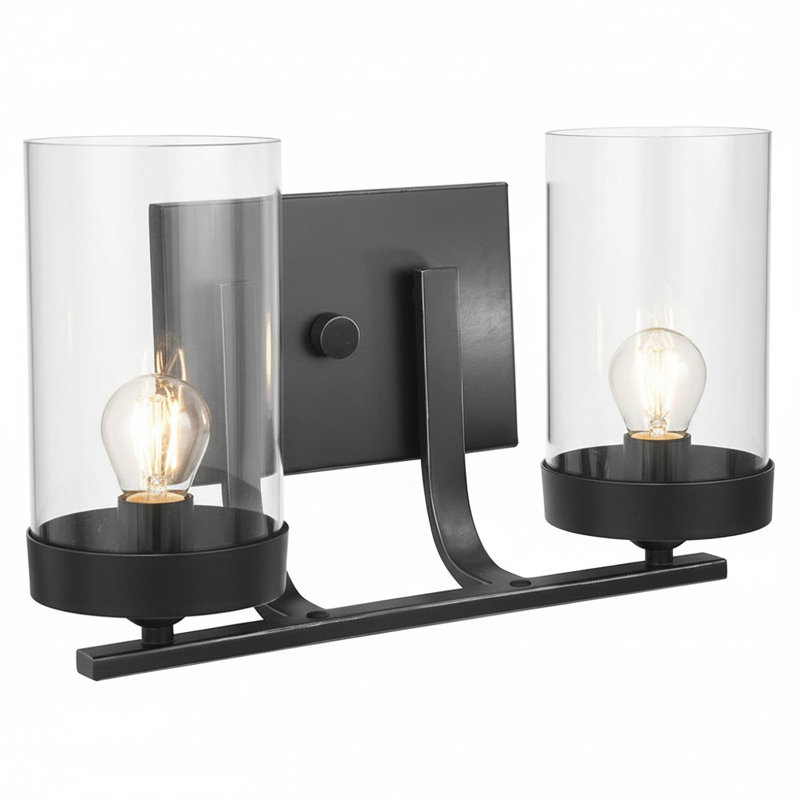 Éclairage pour meuble-lavabo 2 lumières à finition noire avec abat-jour en verre transparent