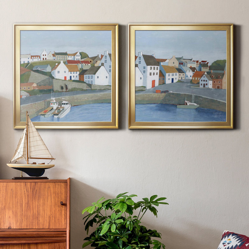 Ensemble de 2 cadres photo Old Coast Town I Old Coast Town I, H 17,5 po x l 35 po x P 1,5 po, Toile encadrée d'or