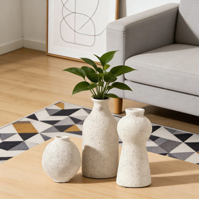 Ensemble de 3 vases en céramique fabriqués à la main, décor rustique blanc à motif sésame pour centre de table, foyer, table de chevet et tablette