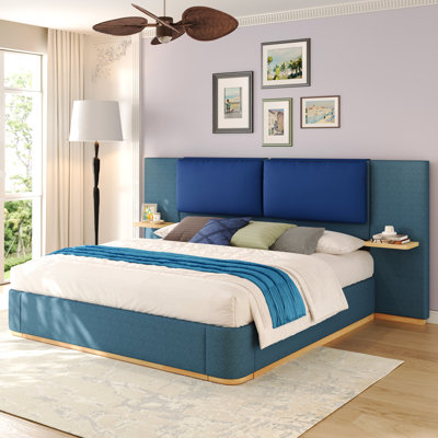 Blue King Size Platform Bed With Upholstered Panel, - Collision Soft Corners, Stable And , No Box Spring, Easy Setup, Integrated Storage, Luxurious Fabric, Leather Decor, Color Blocked Look, Quiet