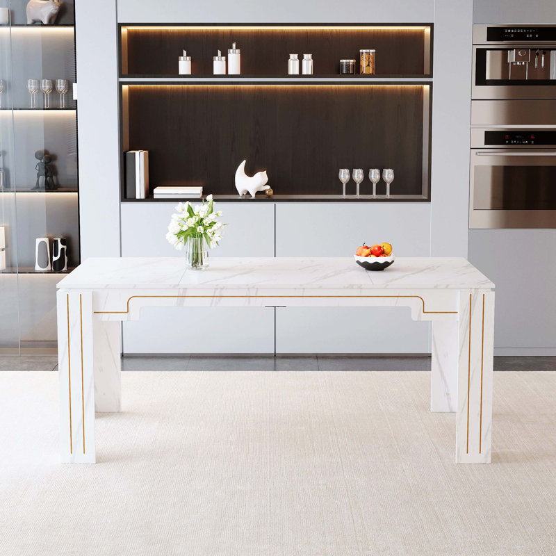 71"×31.5" White Marble Pattern MDF Spliced Dining Table, Grooved Leg Design Household Dinner Table For 6-8 People