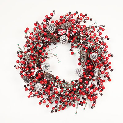 24" Artificial Farmhouse Twig Pinecone Cedar Frozen Red Berries Christmas Front Door Wreath Xmas Winter Holidays Decor