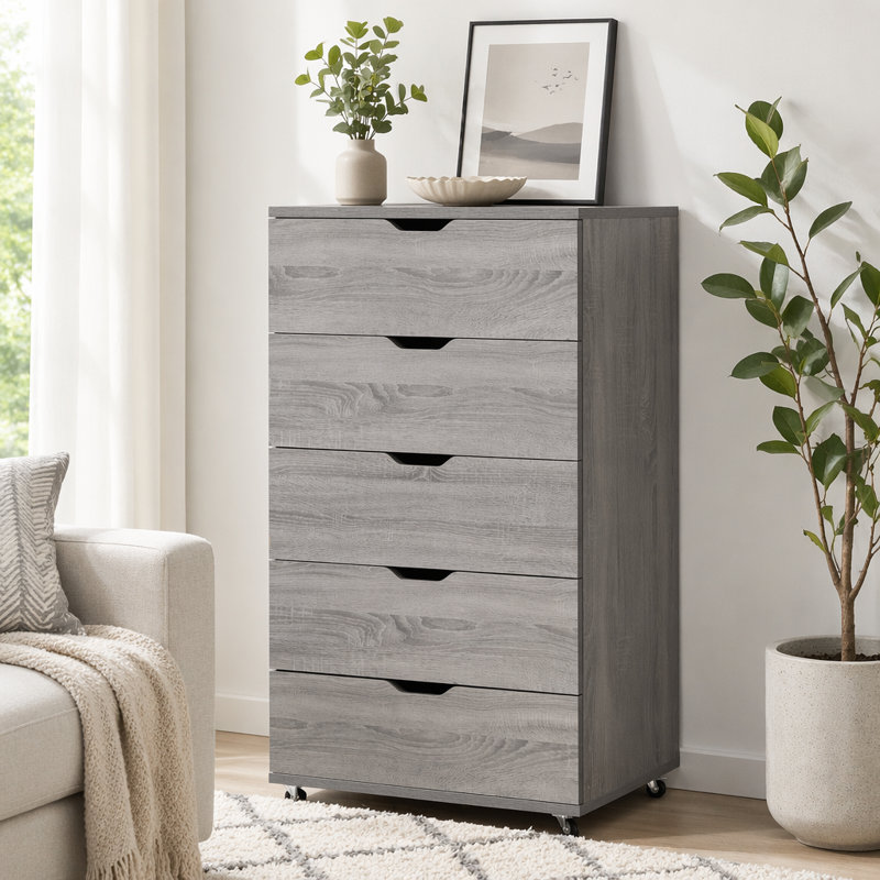 Commode mobile à 5 tiroirs avec roulettes, Gris