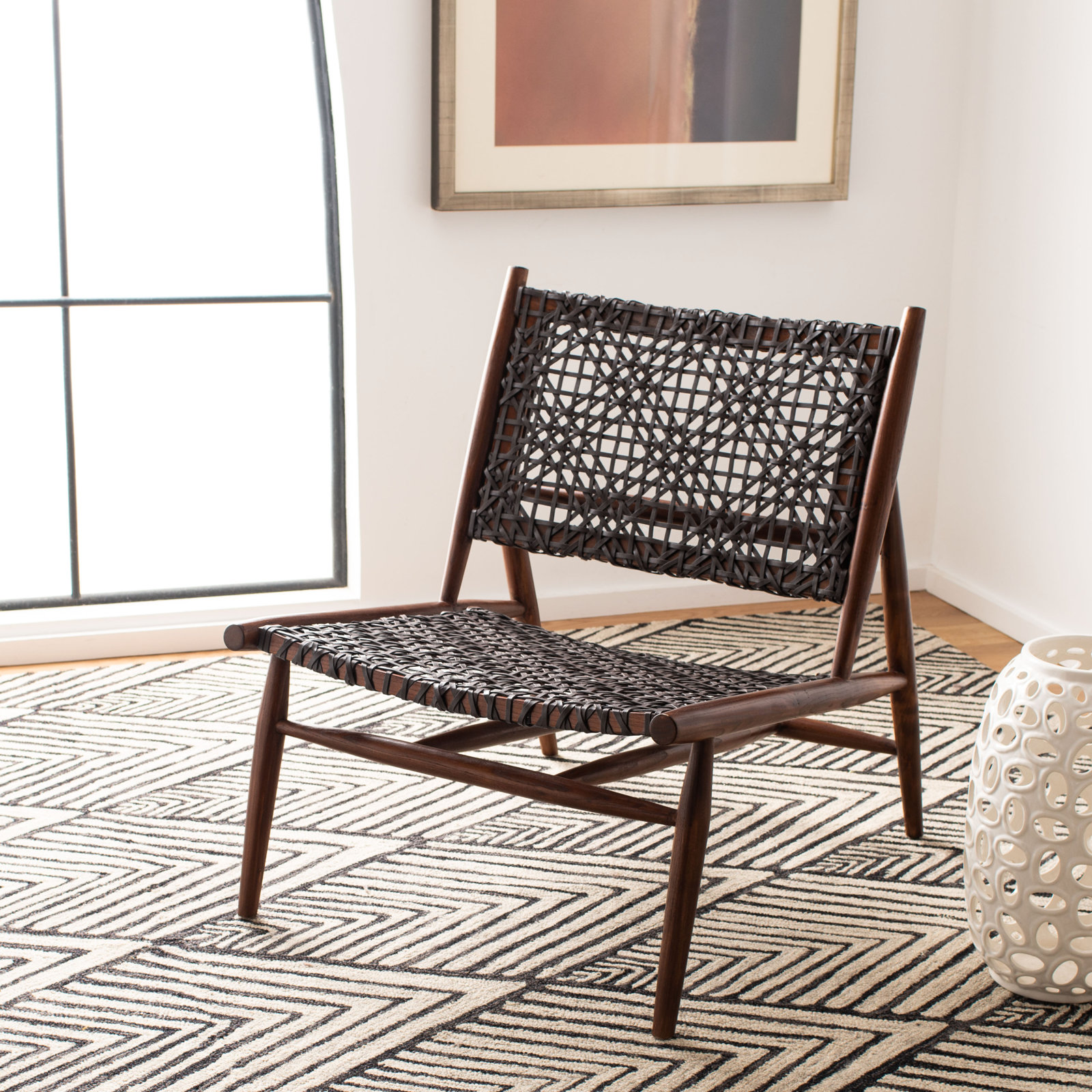 Kazbah Teak Side Chair, Brown Genuine Leather/Brown Legs