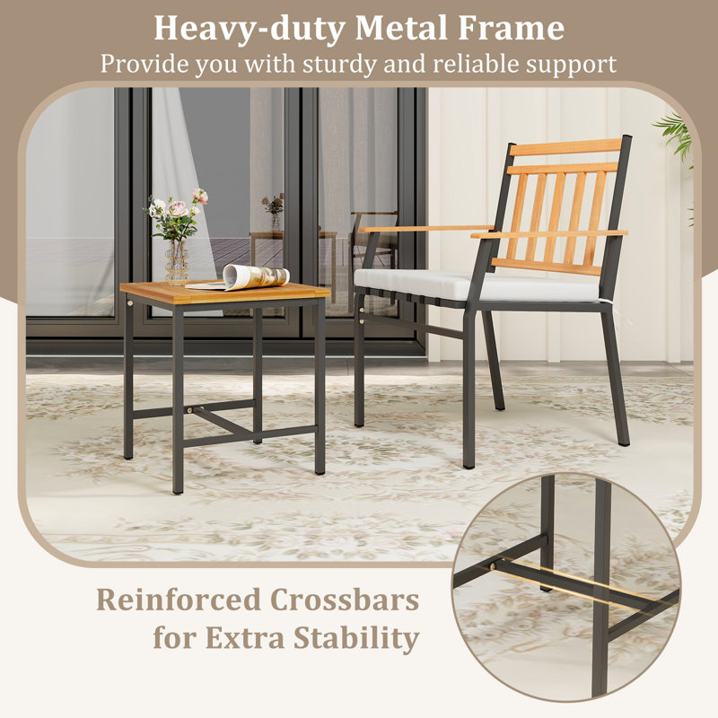 Ensemble bistro 3 pièces en bois d'acacia pour terrasse avec coussins et table basse
