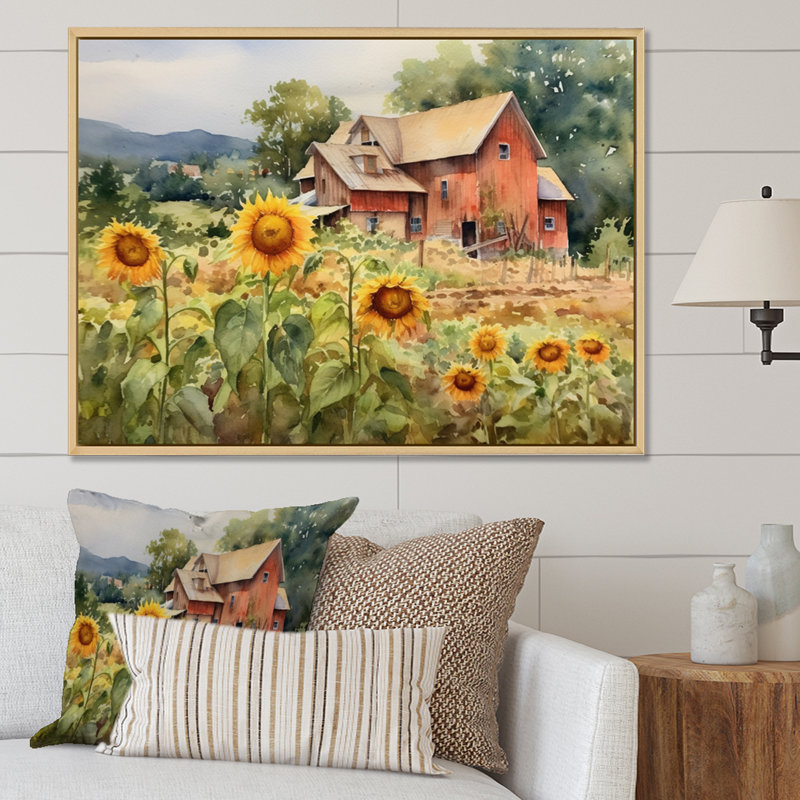 Tournesol doré à la ferme III - art mural floral, H 34 po x l 44 po x P 1,5 po, Cadre naturel flottant