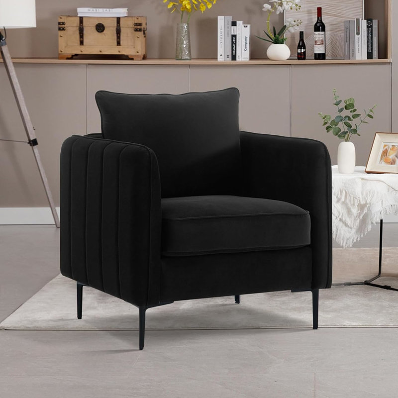 Fauteuil en velours noir avec coussin et lignes audacieuses pour bureau - Bien rembourré, velours stable, structure en métal, bureau, construction