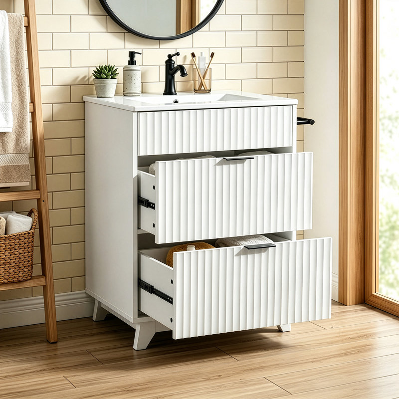 Meuble-lavabo blanc 24 po avec lattes et lavabo en céramique, White/Black