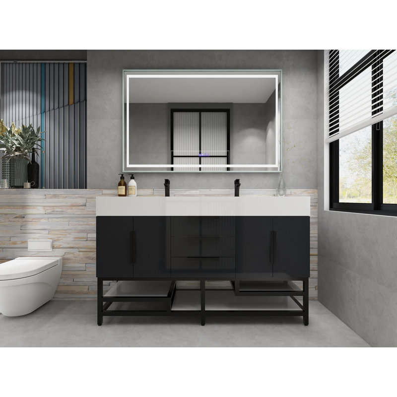 Jessica 60'' Single Bathroom Vanity with Stone Top, Gloss Gray