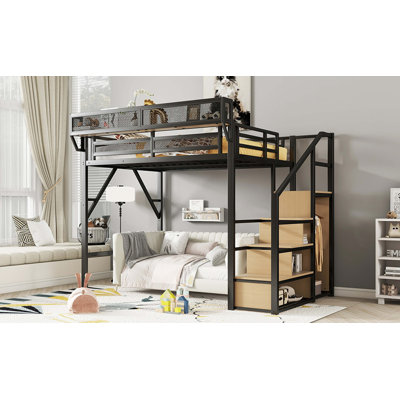 Lit mezzanine robuste en métal avec rangement pour escalier et garde-robe pour un gain de place efficace