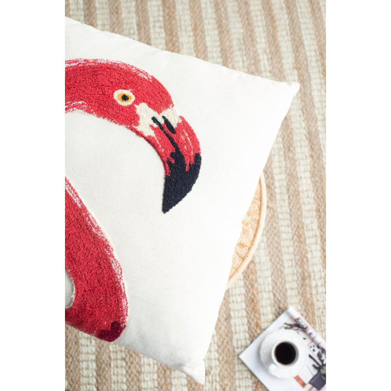 Set of 2 Red and White Embroidered Cotton Flamingo Pillows