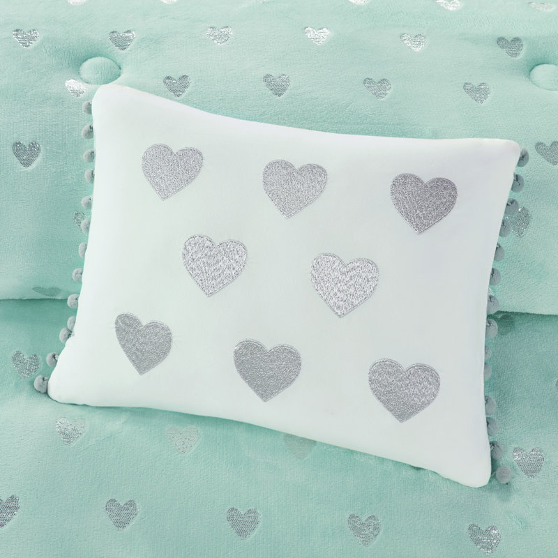 Pink Microfiber Full Kids Comforter Set with Metallic Hearts