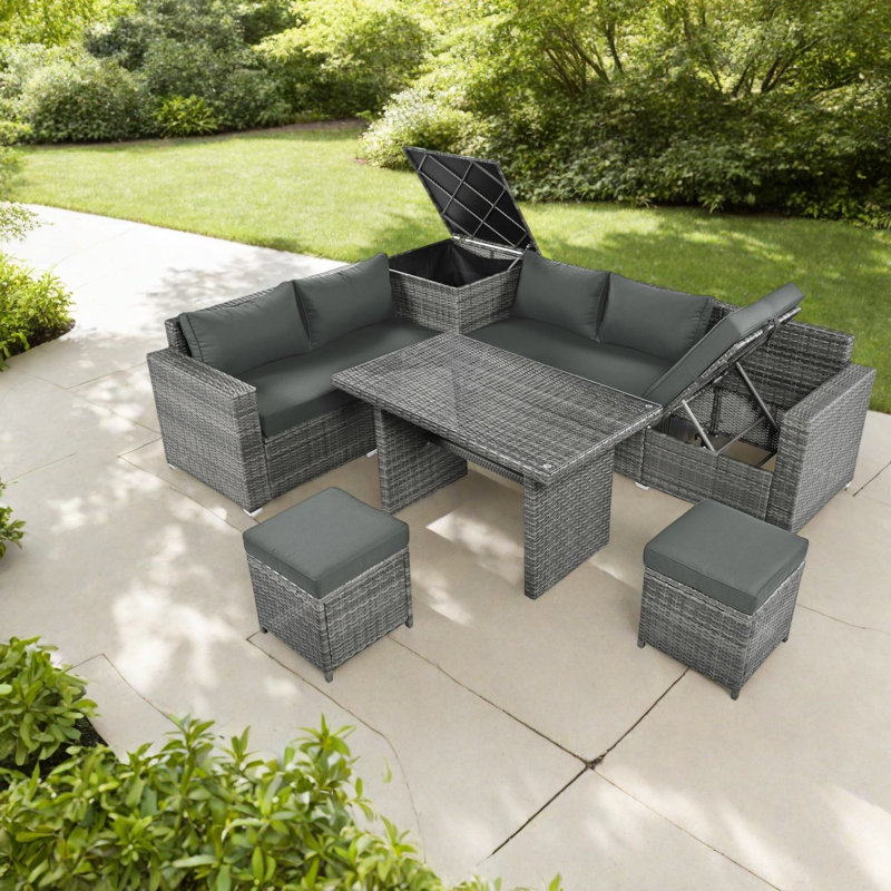 Ensemble de canapés de patio gris durable avec rotin et rangement toutes saisons