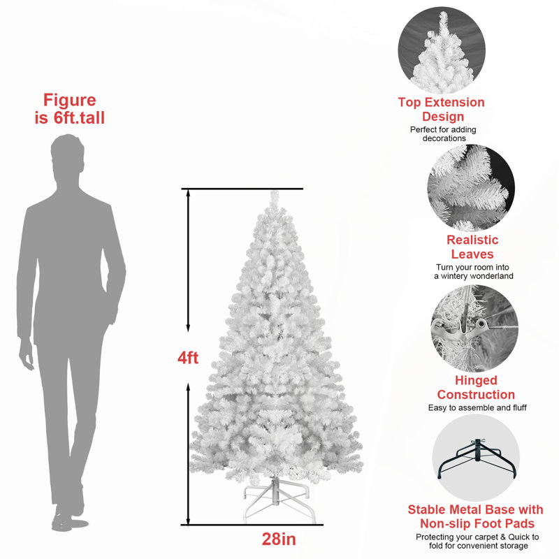 Arbre de Noël blanc de 4 pi avec fil mémoire, 328 pointes en PVC à charnières pour un assemblage facile et une décoration intérieure des Fêtes