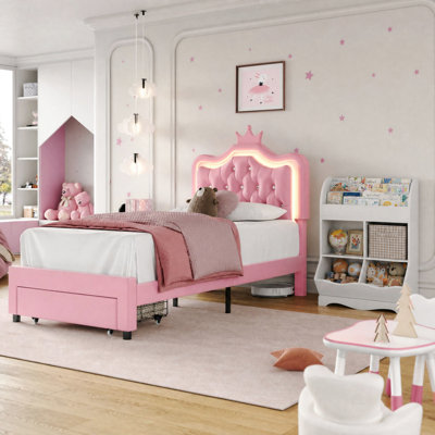 2 Piece Kids Bedroom Set, Leather Upholstered Bed With Led Headboard, Storage Bed With Bookcase