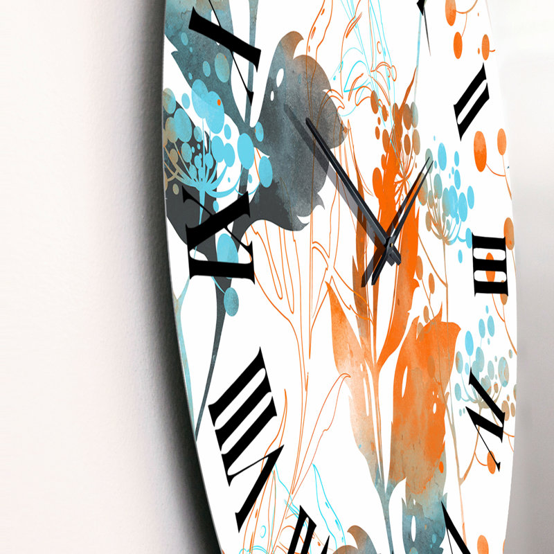 Boho Orange and Blue Leaves - Traditional Wall Clock, Small