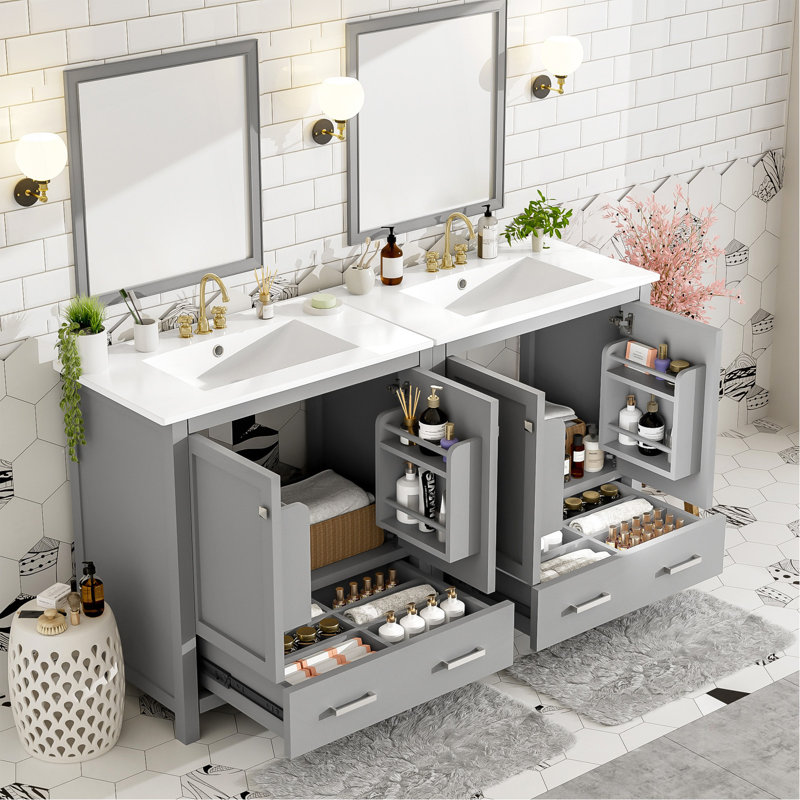 Ensemble de meuble-lavabo gris 60 po avec double meuble-lavabo (séparé), double lavabo en céramique, tablette de rangement et tiroirs séparés (miroir non inclus) - Solution de salle de bain moderne pour salles de bain spacieuses