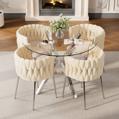 Modern Round Clear Dining Table Set, Tempered Glass Dining Table With Velvet Weavon Dining Chair For Dining Room