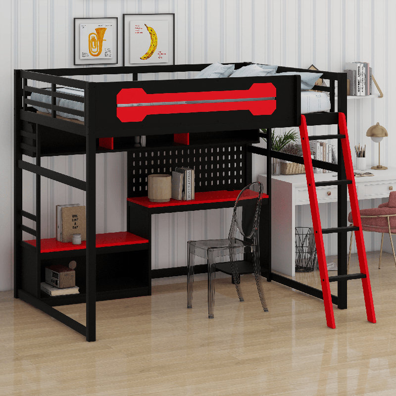 Lit mezzanine en bois avec bureau, Noir / Rouge