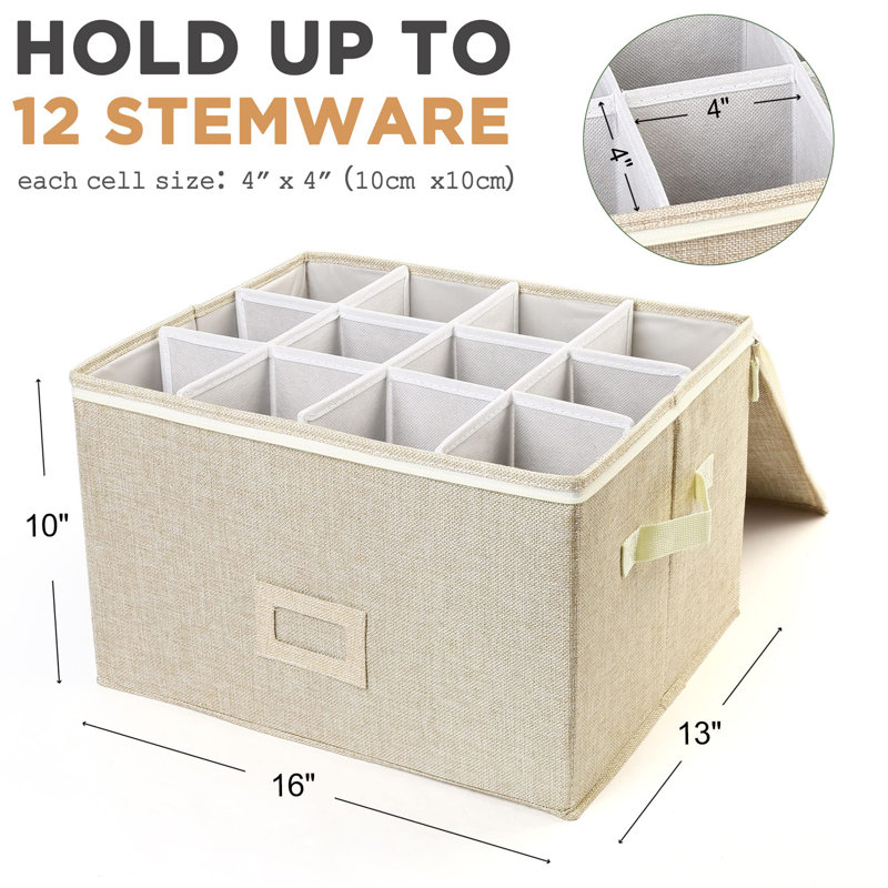 Stemware Storage Container For Moving, Hard Shell, Stackable Wine Glass Storage Box With Dividers & Handles, Crystal Glassware, Beige