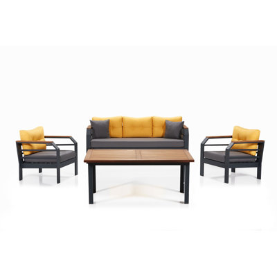 Ensemble de salon Modern Garden, 3 pièces (2 fauteuils à oreilles + table basse), jaune et gris | Cadre 100% aluminium, tissu 100% acrylique, plateau de table en bois Iroko | Canapé 67 po x 28 po x 30 po | Conception facile à nettoyer, élégante et confortable, capacité de 440 lb