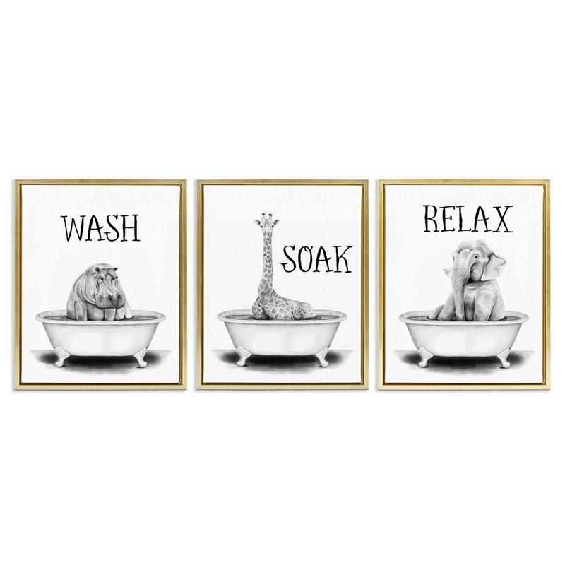 «Wash Soak Relax Jungle Animals», ensemble de 3 toiles flottantes encadrées dorées par Rachel Nieman, Doré, H 31 po x l 25 po
